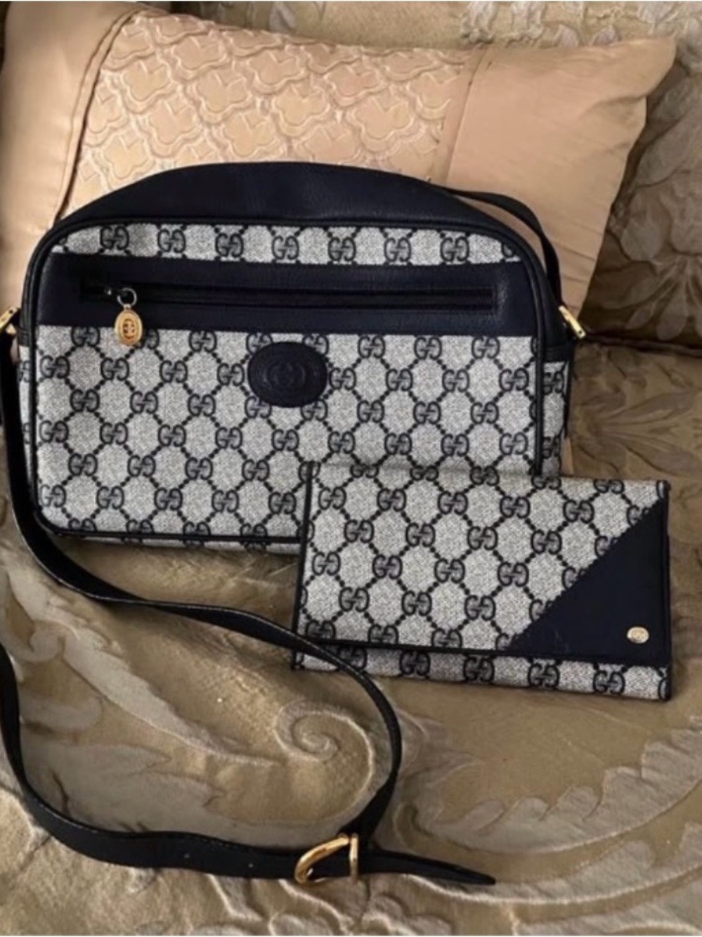 Gucci Black and Beige GG Monogram Crossbody Bag with Wallet